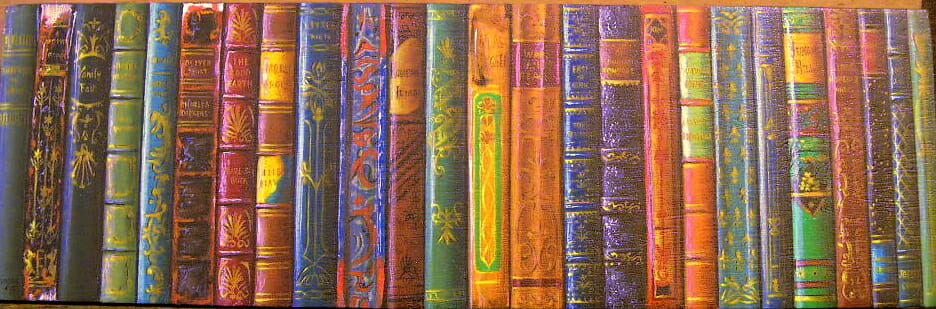 Leather book bindings with gold letters.