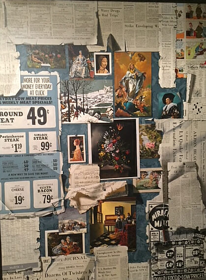 Trompe l'oeil images of newspaper clippings mingle with postcards and historic paintings.