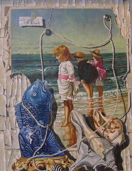 Victorian children wade in the tide