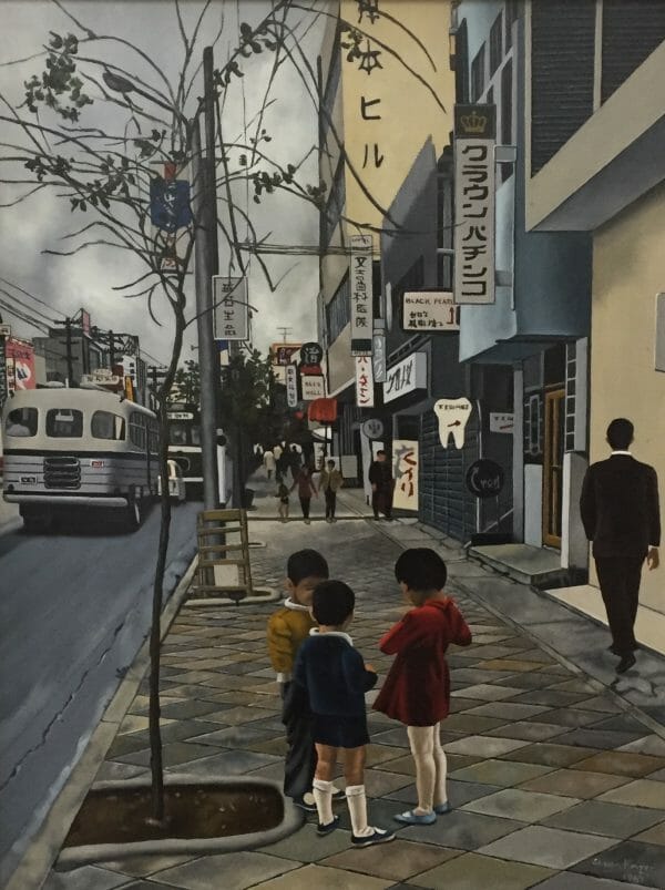Okinawa street scene with children and a city bus.