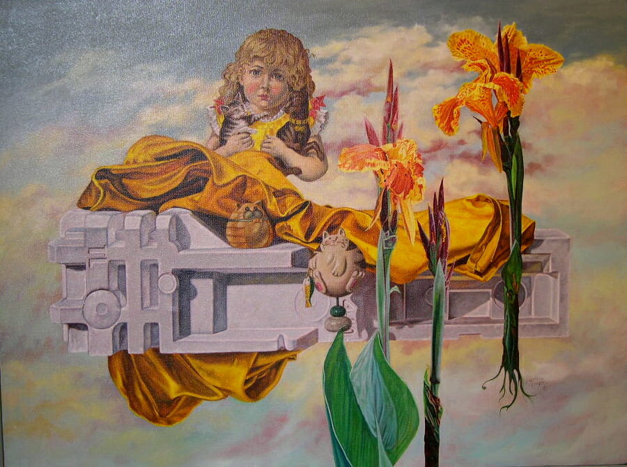 A cherub, orange irises, and toy cats against a blue and pink sky.