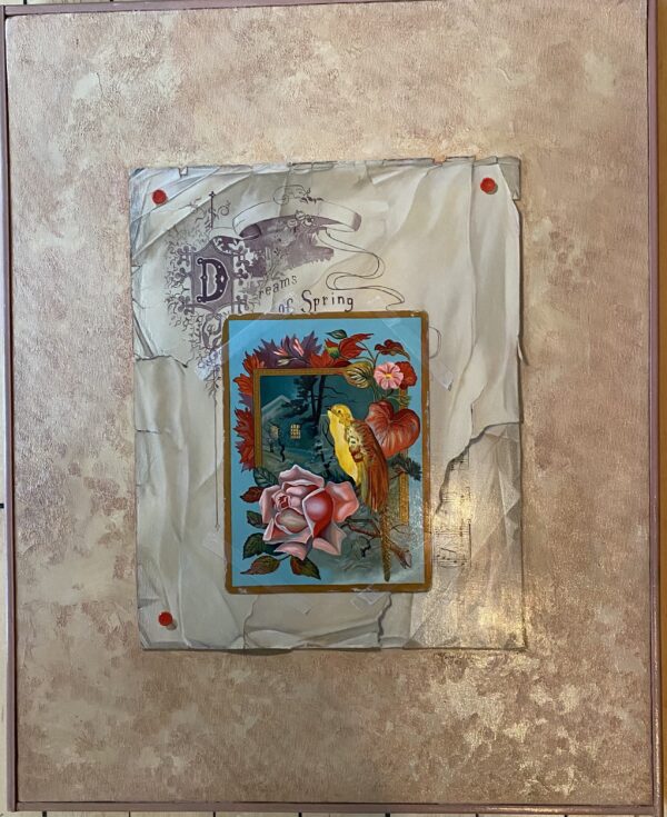 Trompe l'oeil painting with Victorian illustration of a parakeet and pink rose. Background is sheet music and mottled, rose-colored plaster.